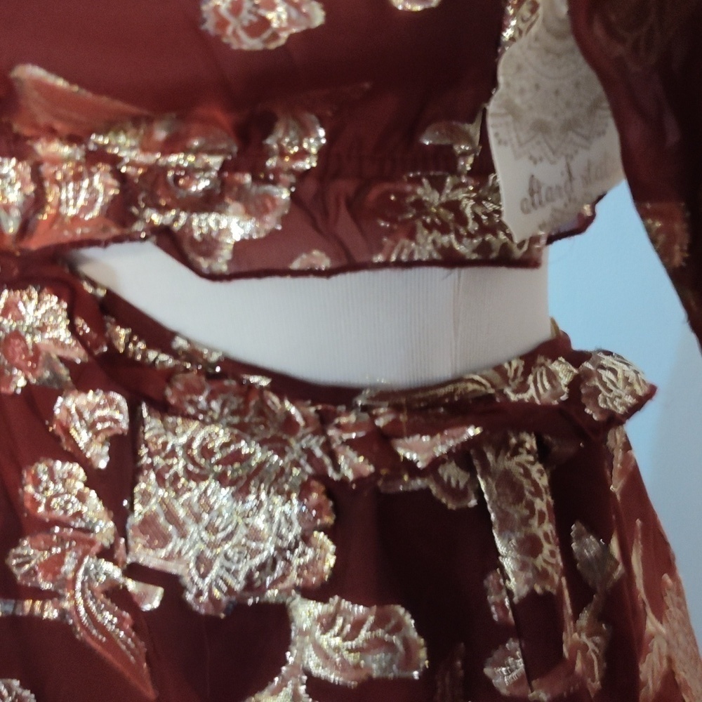 Altar’d State Burgundy, Gold flowers Dress w Cut outs + Lace up Back  si… - Picture 6 of 16